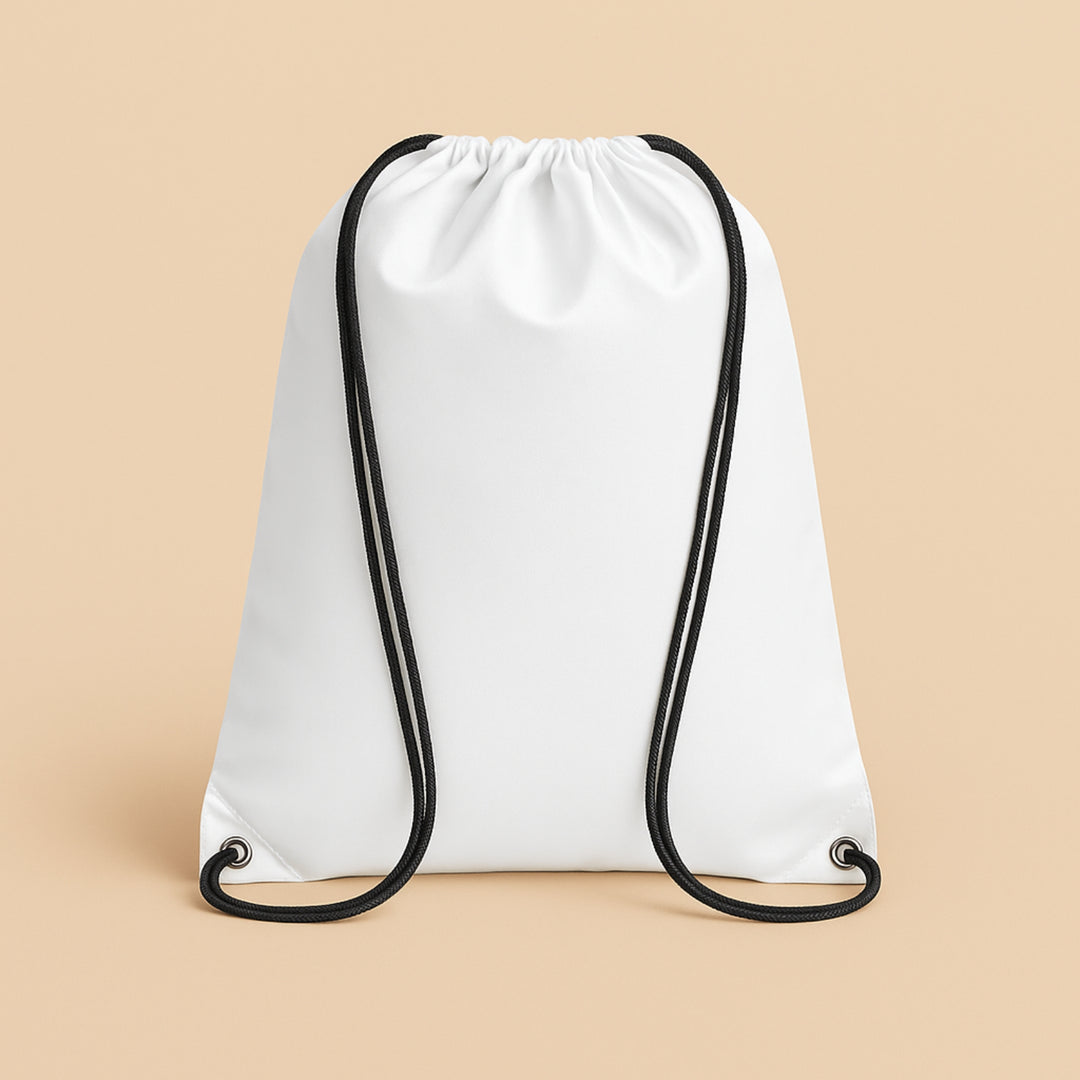 Custom polyester drawstring bag in white with black drawstrings for versatile use