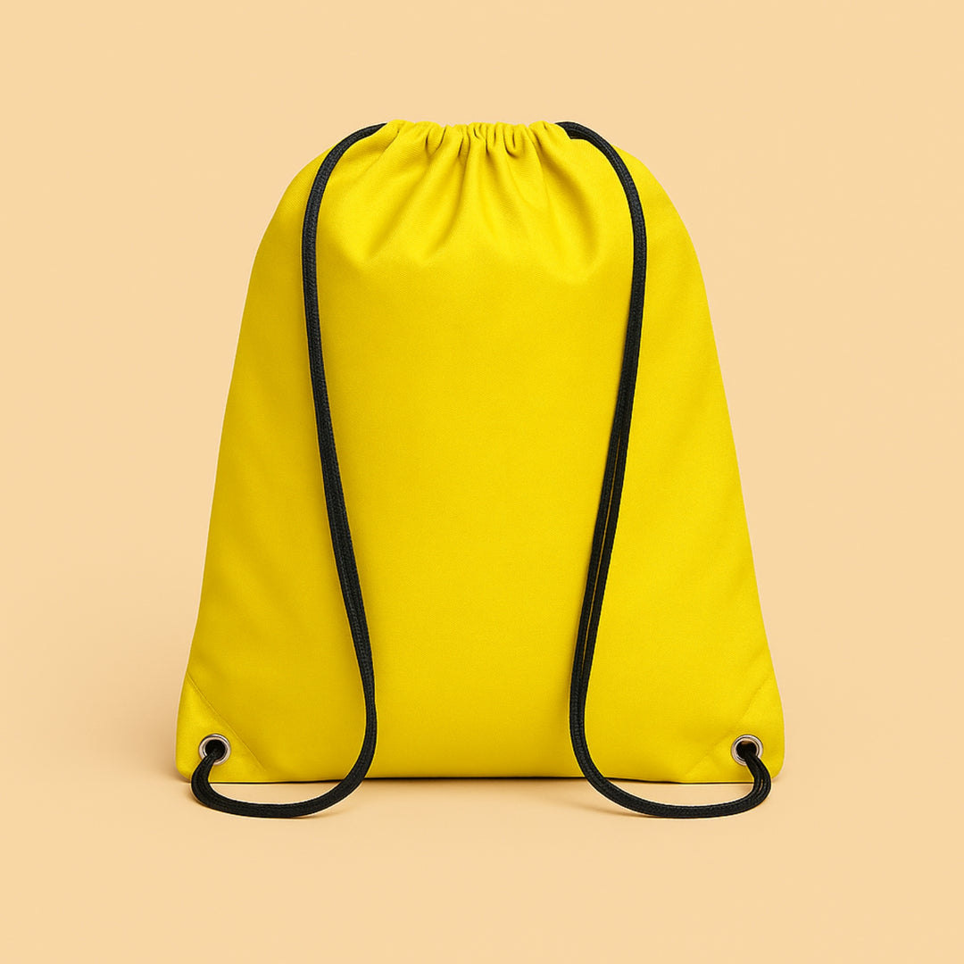 Bright yellow custom polyester drawstring bag with black drawstrings for versatile storage