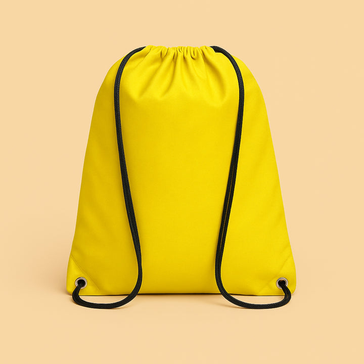 Bright yellow custom polyester drawstring bag with black drawstrings for versatile storage