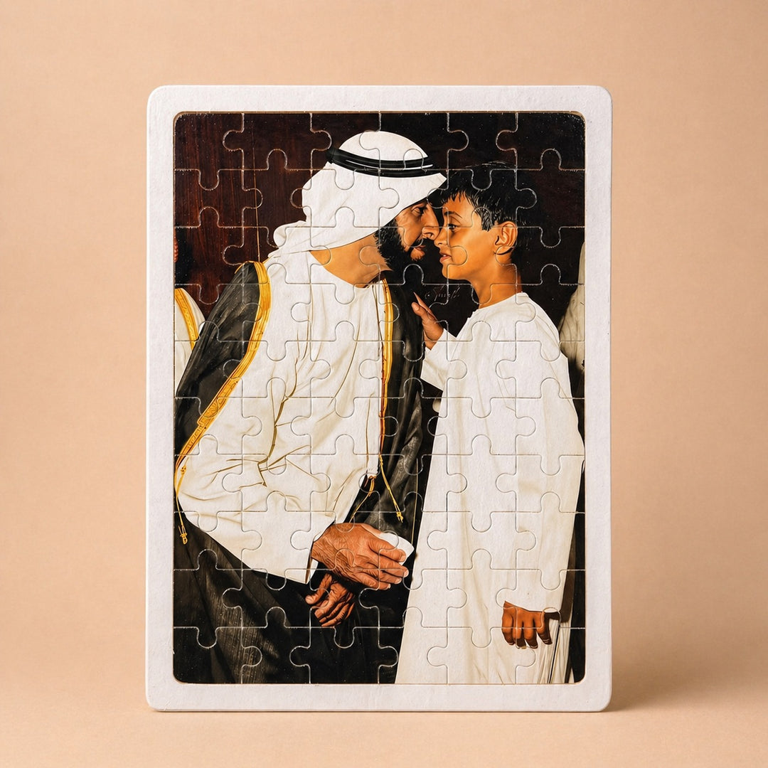 Custom puzzles featuring a touching moment between a man and a boy in traditional attire