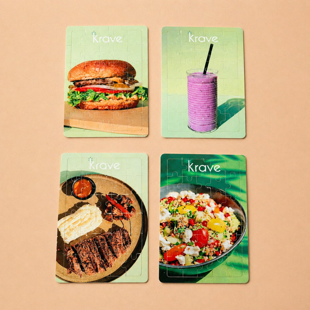 Custom puzzles featuring colorful food images from Krave including burgers, smoothies, and salads