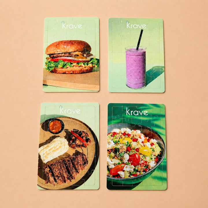 Custom puzzles featuring colorful food images from Krave including burgers, smoothies, and salads