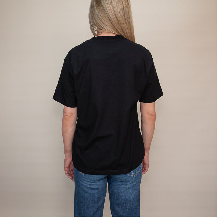 Black custom relaxed fit t-shirt viewed from the back, perfect for casual wear and comfortable styling