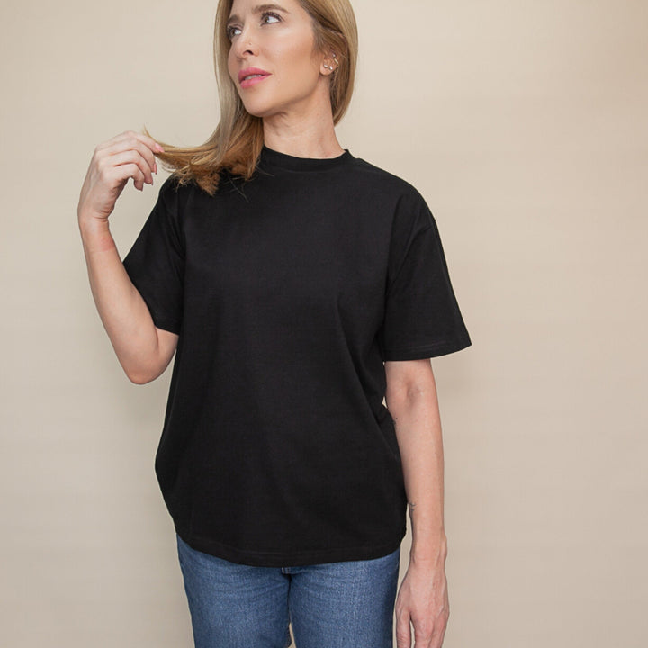 Black custom relaxed fit t-shirt displayed on a model for casual style and comfort