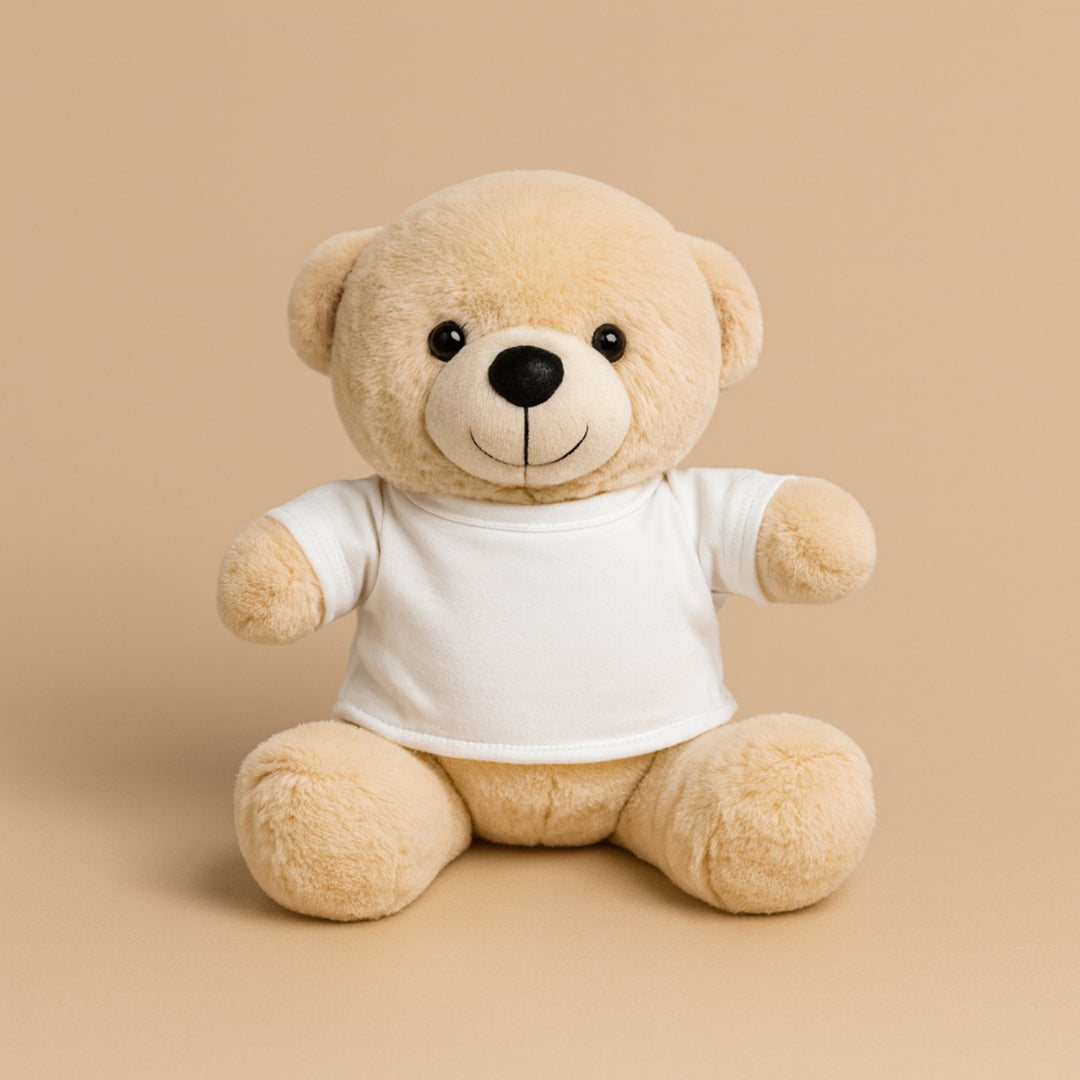 Custom teddy bear with shirt in beige, featuring a cute face and soft texture, perfect for gifts