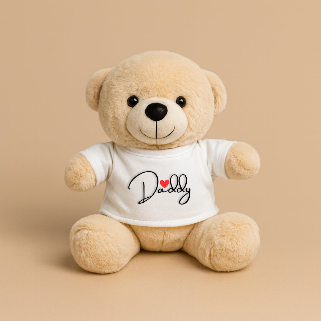 Custom teddy bear with shirt featuring a heart design and the word Daddy for a personalized gift