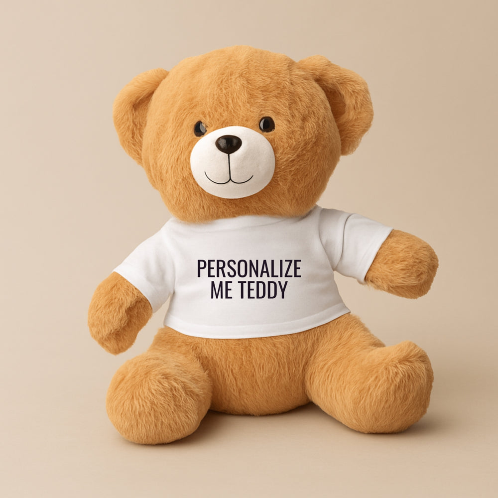 Custom teddy bear with shirt in tan color designed for personalization gifts