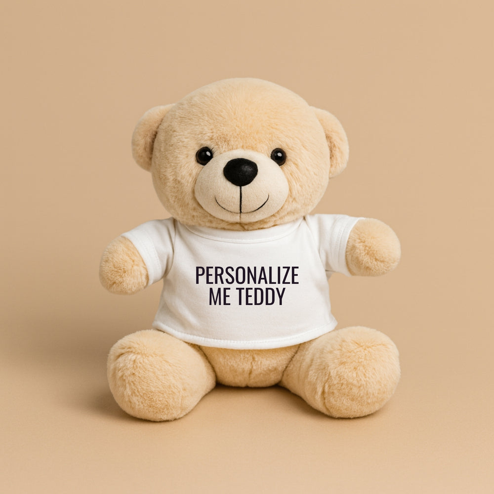 Custom teddy bear with shirt featuring a white shirt that says personalize me teddy