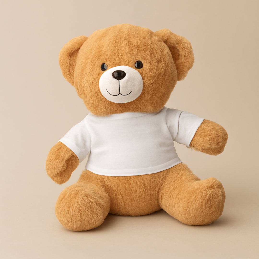 Custom teddy bear with shirt in brown color, featuring a cute smiling face and soft plush material