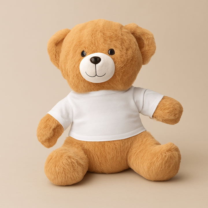 Custom teddy bear with shirt in brown color, featuring a cute smiling face and soft plush material