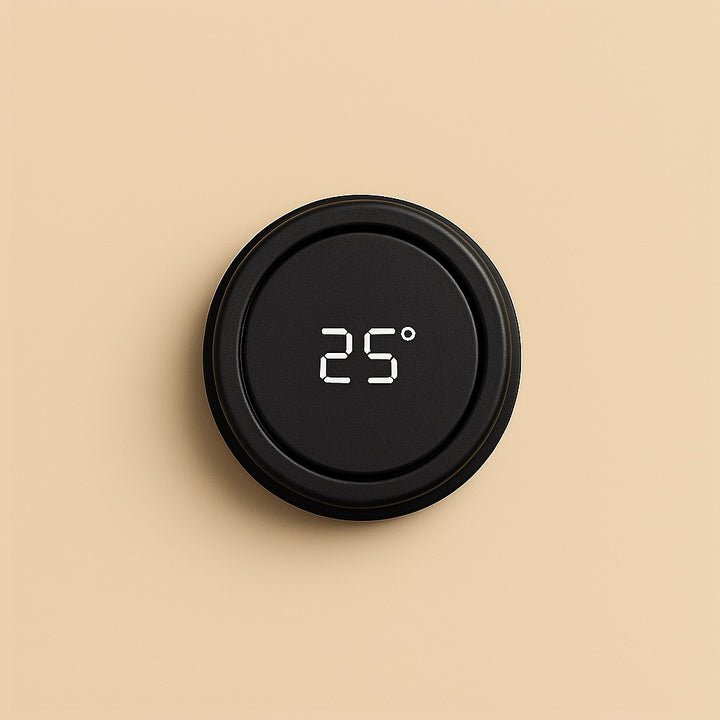 Black custom temperature display coffee mug lid showing digital temperature reading of 25 degrees