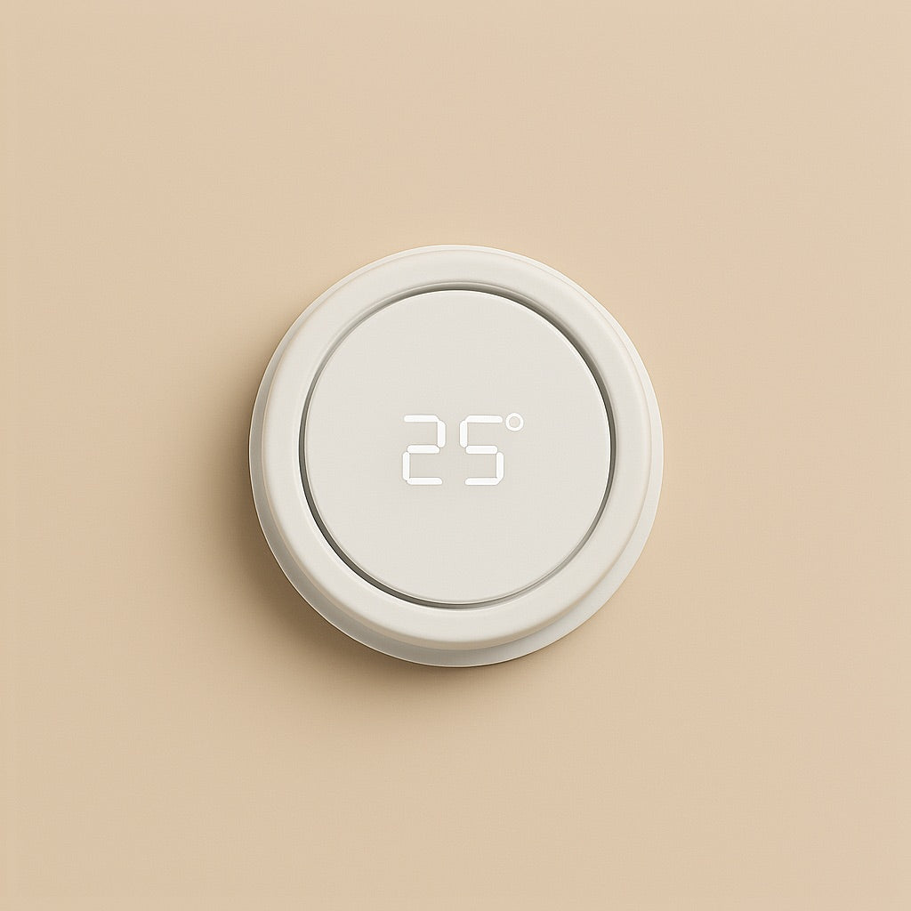 Top view of custom temperature display coffee mug showing digital temperature reading of 25 degrees