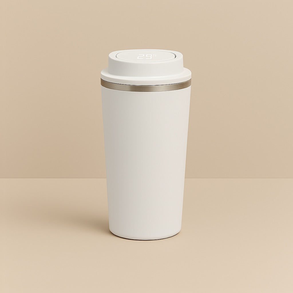 White custom temperature display coffee mug with digital temperature readout on lid