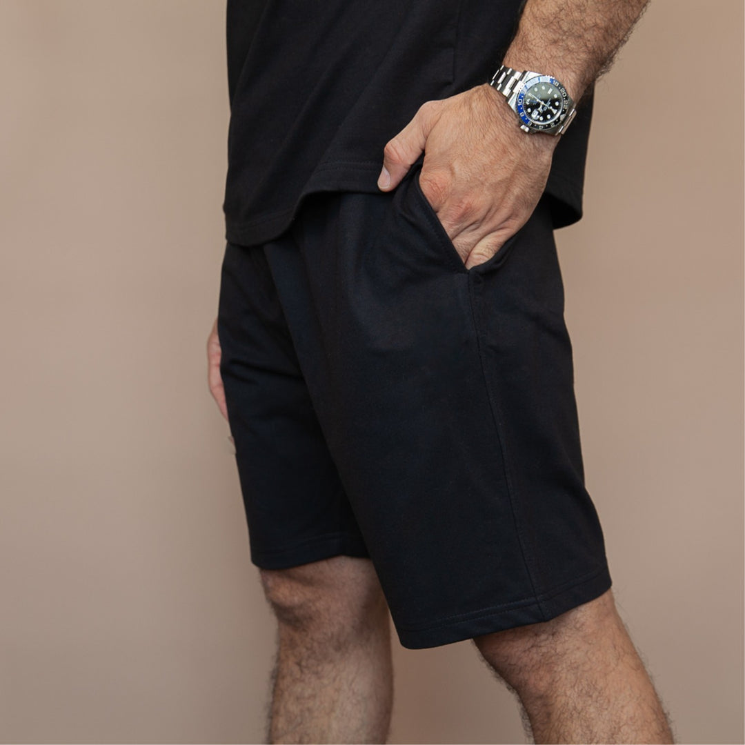 Men's black custom two-piece set featuring a t-shirt and shorts, perfect for casual wear