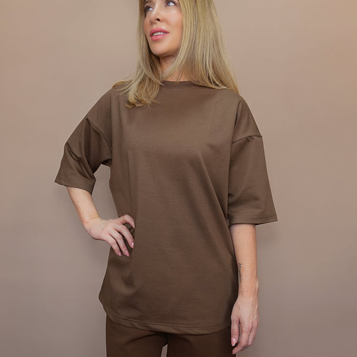 Brown Custom Two-Piece Set featuring a loose-fit top and matching shorts for a stylish look