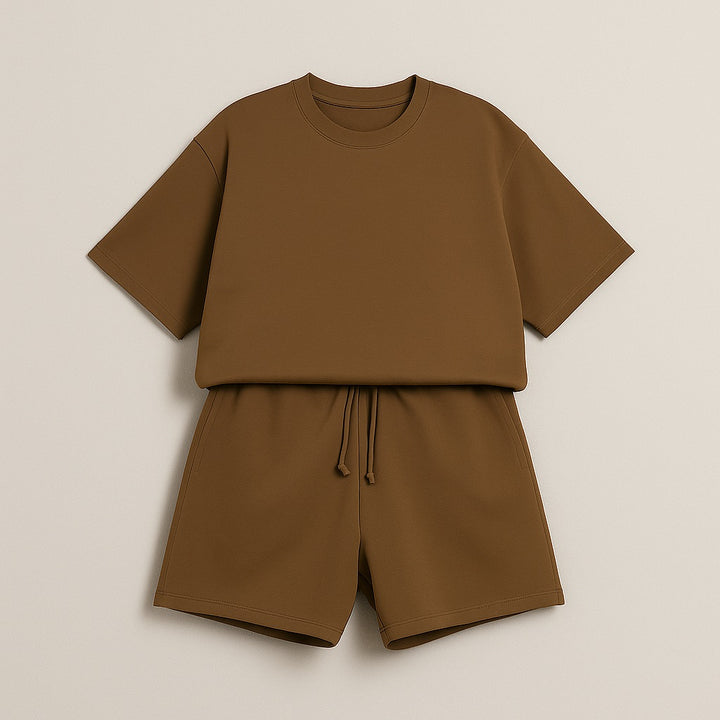 Brown casual custom two-piece set with short sleeves top and drawstring shorts
