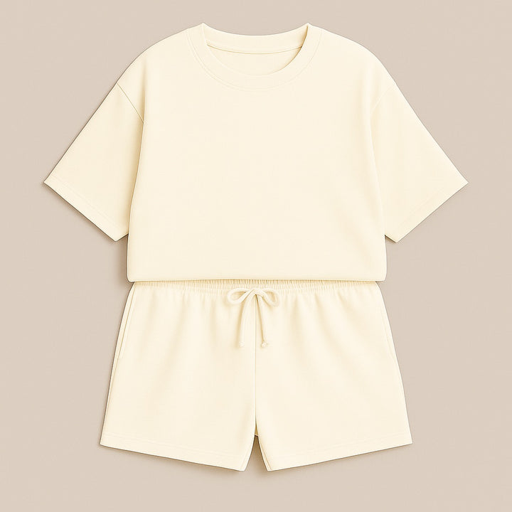 Cream-colored casual custom two-piece set with short sleeves and drawstring shorts