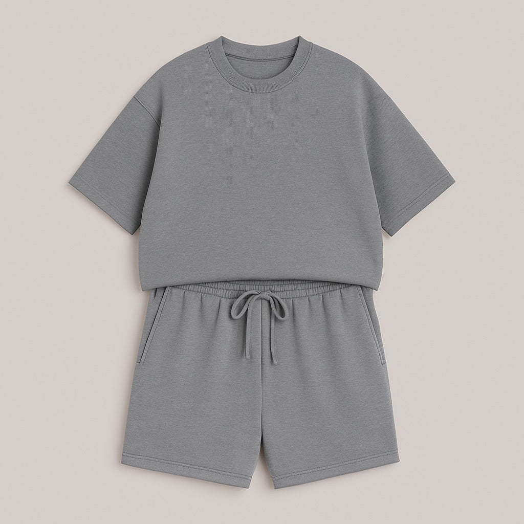 Gray casual custom two-piece set with short sleeves and matching shorts with drawstring waist