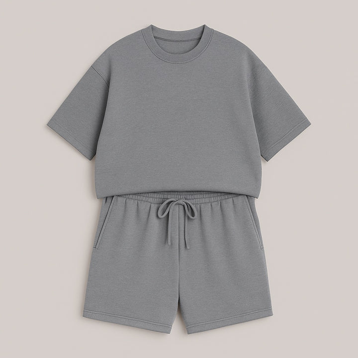 Gray casual custom two-piece set with short sleeves and matching shorts with drawstring waist