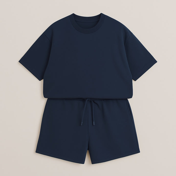 Navy blue casual custom two-piece set with short sleeves top and drawstring shorts
