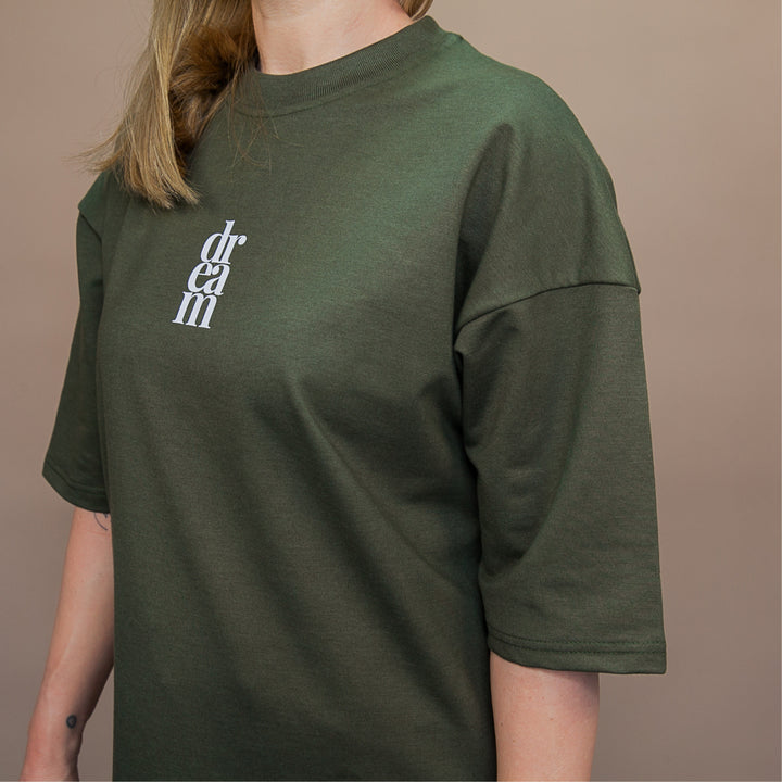 Olive green oversized t-shirt from dreamwithreem for a custom two-piece set
