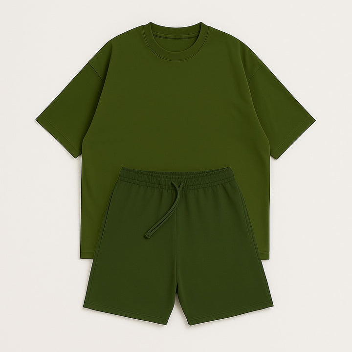 Dreamwithreem olive green custom two-piece set with oversized t-shirt and drawstring shorts