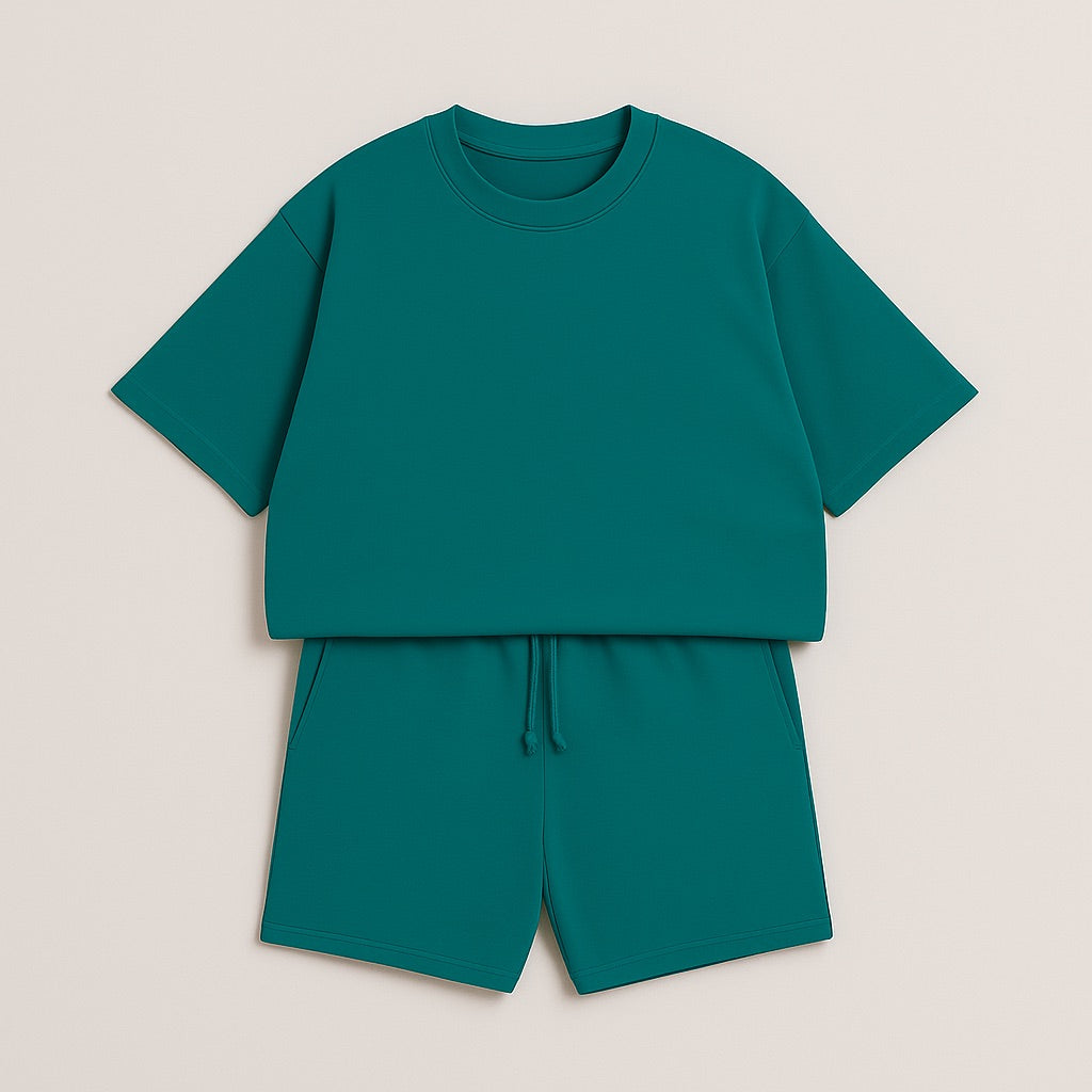 Teal casual custom two-piece set with short sleeves and matching shorts laid flat