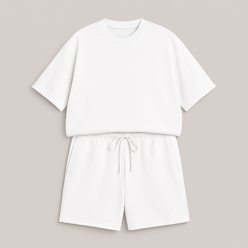 White casual custom two-piece set with short sleeves top and drawstring shorts