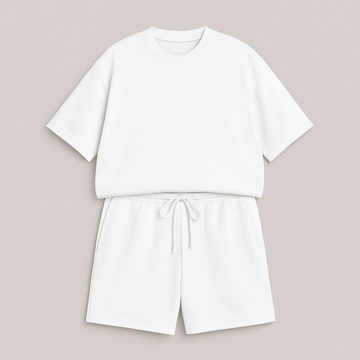 White casual custom two-piece set with short sleeves top and drawstring shorts