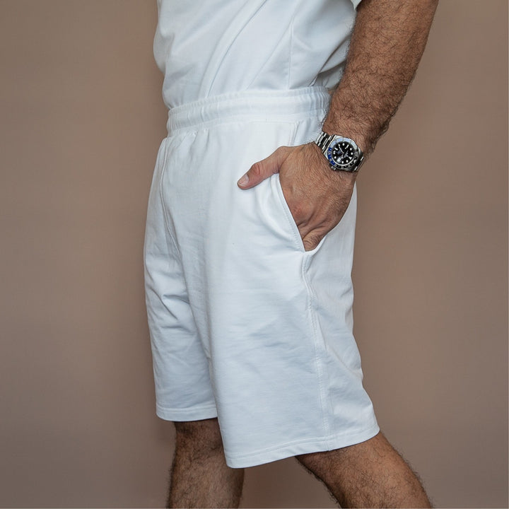 Men's custom two-piece set with comfortable shorts and side pockets in white color
