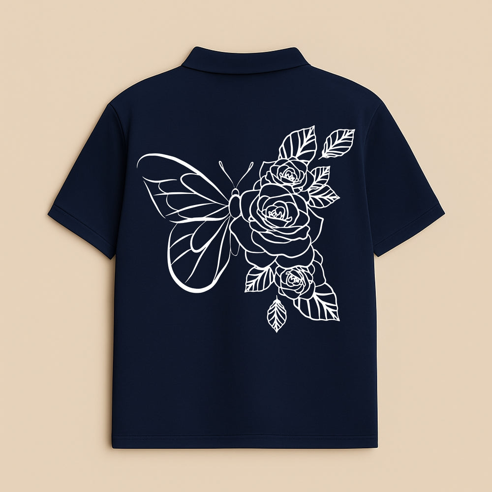 dreamwithreem navy custom printed polo shirt with white butterfly and rose floral back design