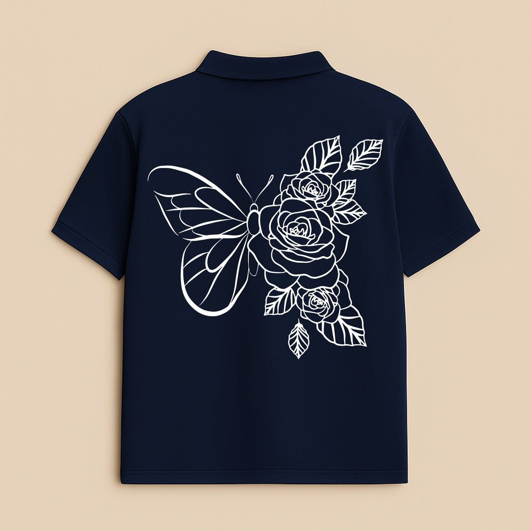 dreamwithreem navy custom printed polo shirt with white butterfly and rose floral back design