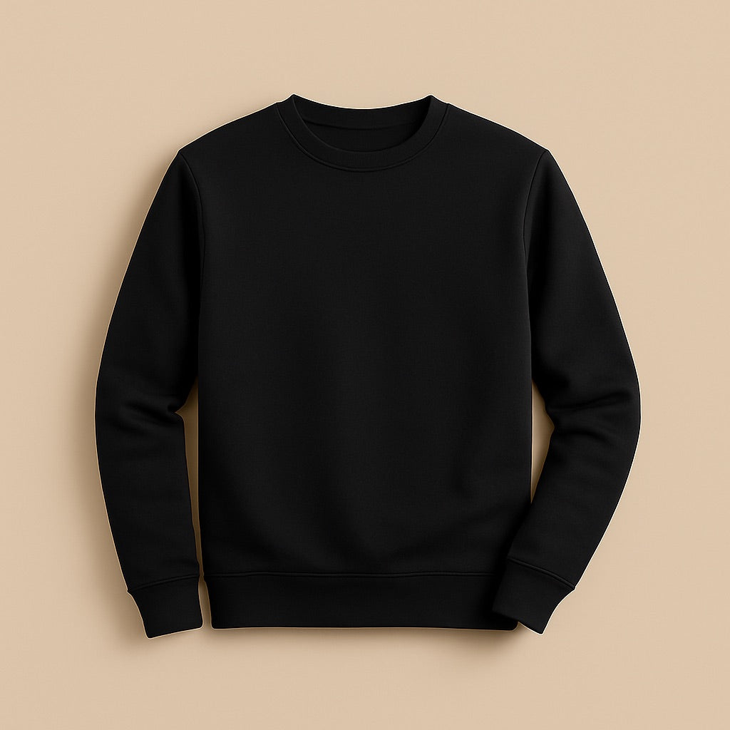 Black crewneck sweatshirt on beige background from dreamwithreem ready to design your own sweatshirt online for custom printing
