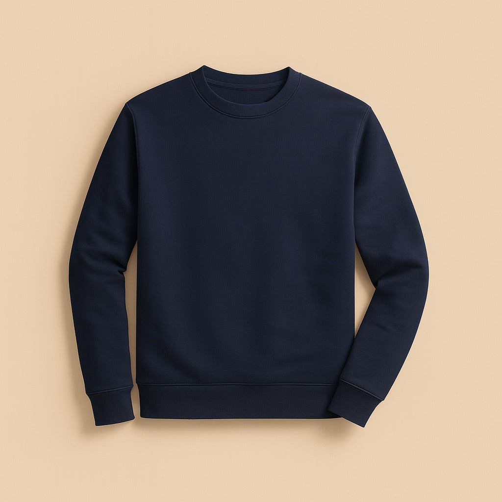 Navy crewneck sweatshirt flatlay on beige background for design your own sweatshirt online dreamwithreem
