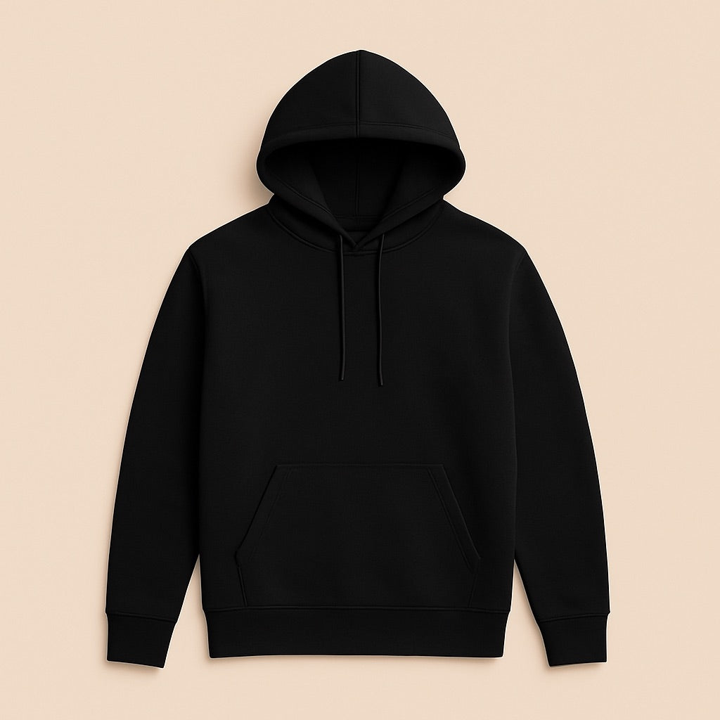 Black pullover hoodie with kangaroo pocket and drawstring hood for personalized hoodies online
