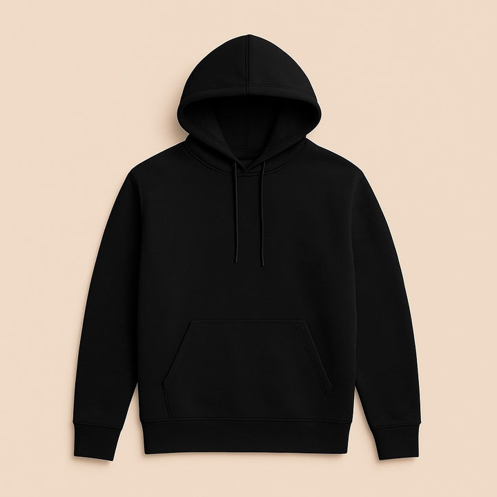Black pullover hoodie with kangaroo pocket and drawstring hood for personalized hoodies online