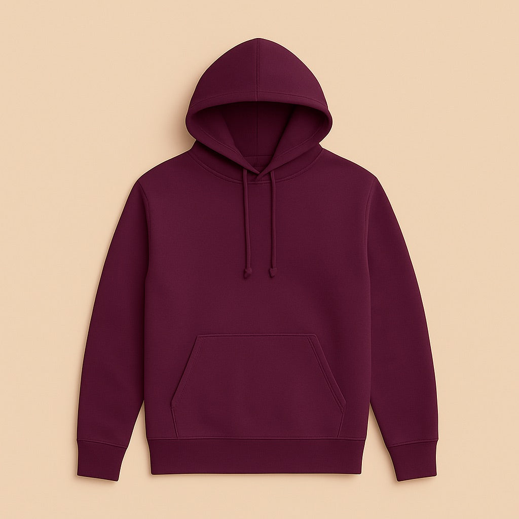Maroon pullover hoodie with drawstrings and kangaroo pocket on beige background from dreamwithreem personalized hoodies online