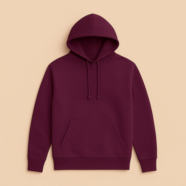 Maroon pullover hoodie with drawstrings and kangaroo pocket on beige background from dreamwithreem personalized hoodies online