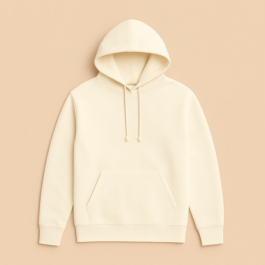 Cream unisex cotton hoodie with kangaroo pocket and drawstring hood ideal for personalized hoodies online and casual layering