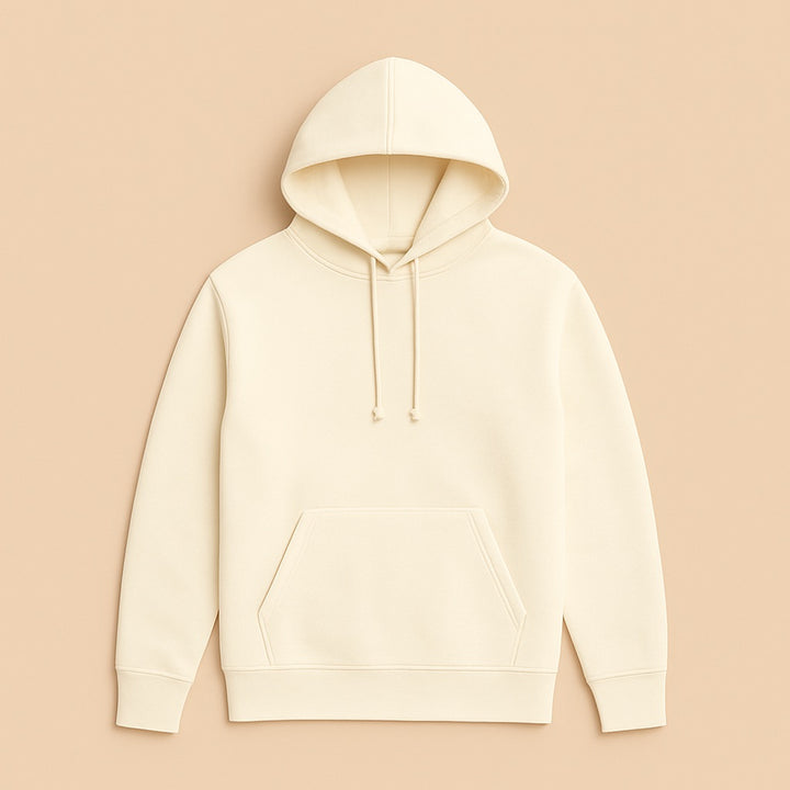 Cream unisex cotton hoodie with kangaroo pocket and drawstring hood ideal for personalized hoodies online and casual layering