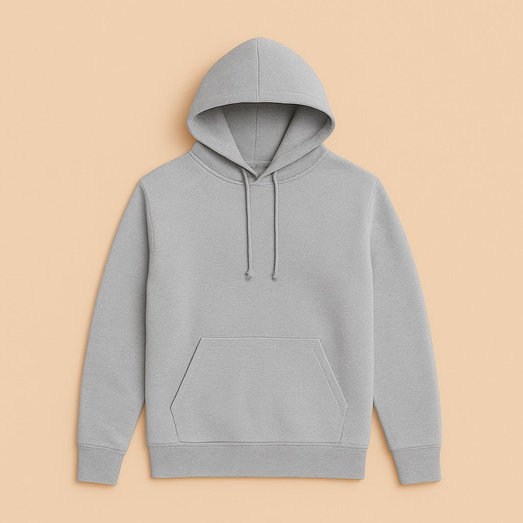 Light gray pullover hoodie with hood drawstrings and kangaroo pocket on beige background personalized hoodies online