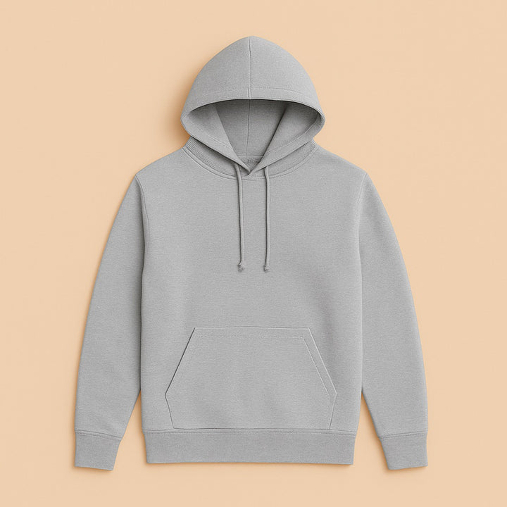 Light gray pullover hoodie with hood drawstrings and kangaroo pocket on beige background personalized hoodies online