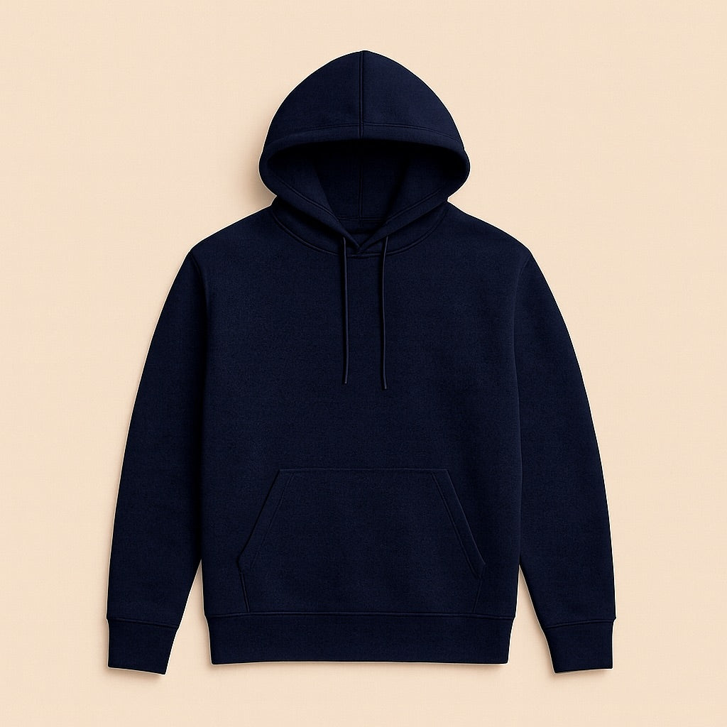 Navy blue pullover hoodie with kangaroo pocket and drawstring for casual wear personalized hoodies online