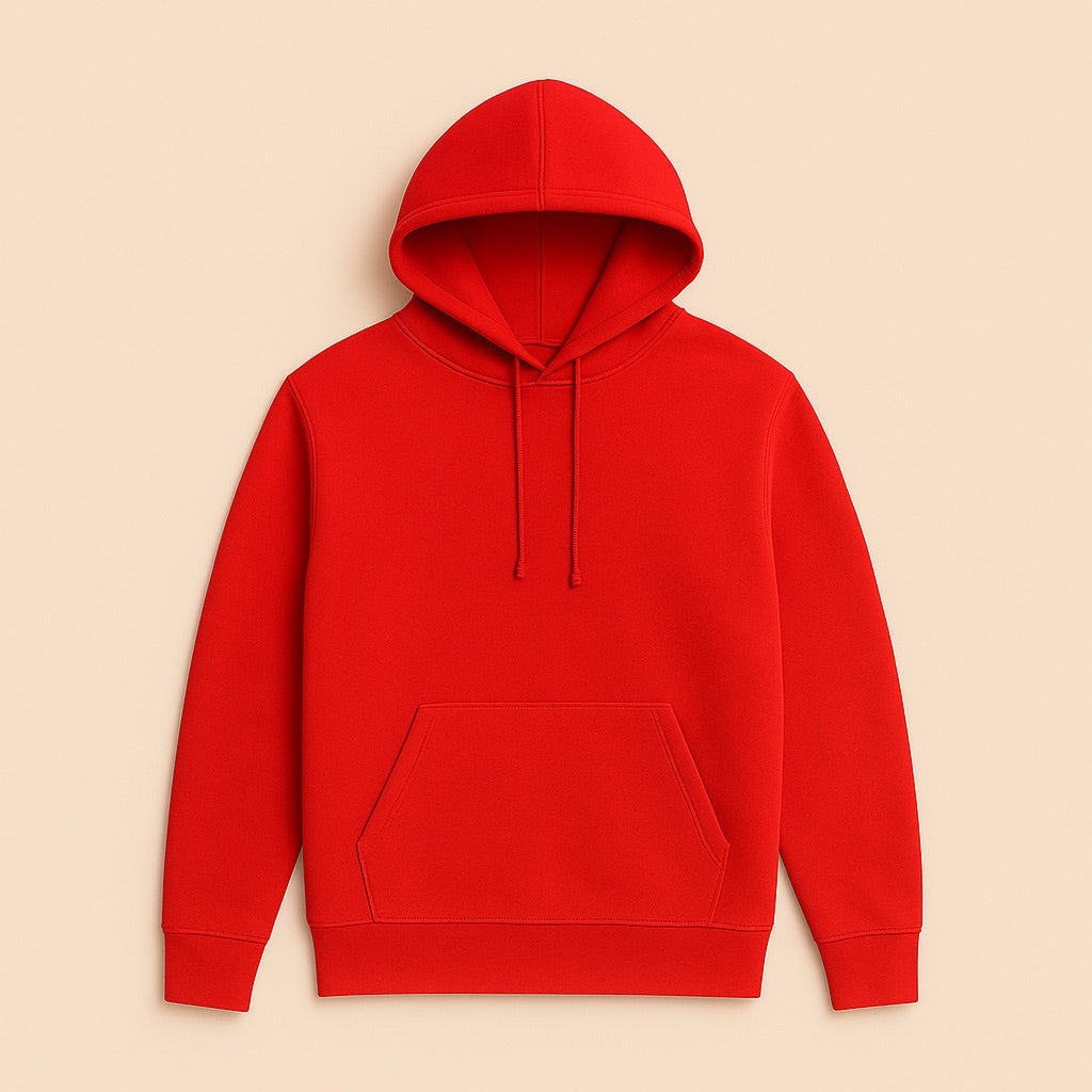 Red classic pullover hoodie with drawstring hood and kangaroo pocket from dreamwithreem personalized hoodies online