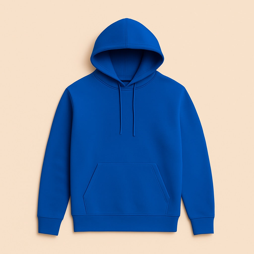 Blue pullover hoodie with front kangaroo pocket and drawstrings ideal for personalized hoodies online