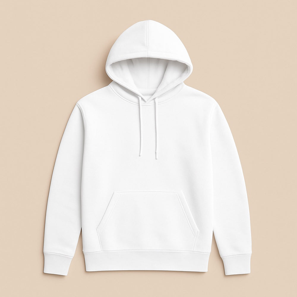 White pullover hoodie with kangaroo pocket and drawstring hood for casual wear personalized hoodies online by dreamwithreem