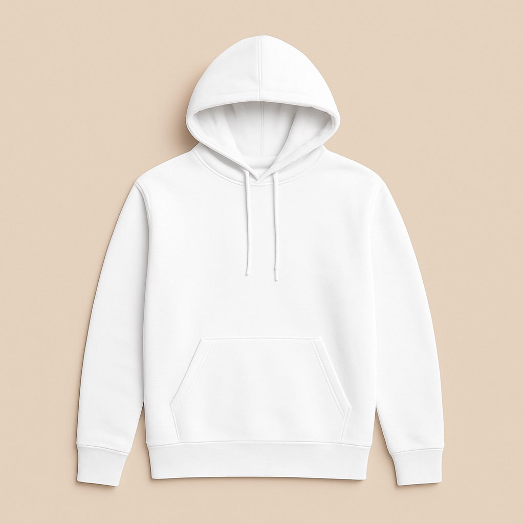 White pullover hoodie with kangaroo pocket and drawstring hood for casual wear personalized hoodies online by dreamwithreem