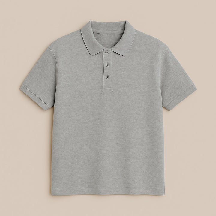 Gray custom embroidered polo shirt from dreamwithreem with short sleeves and buttoned collar