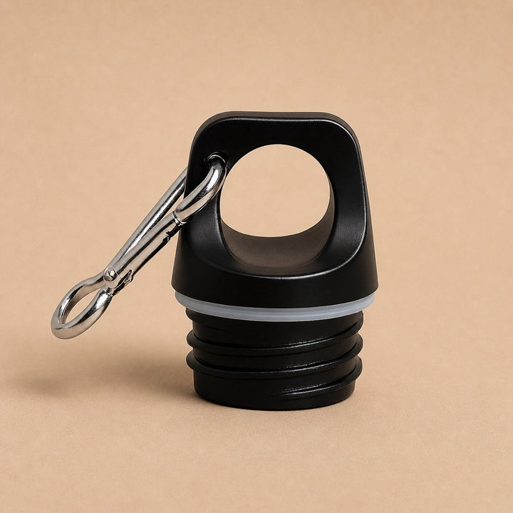 Black cap with carabiner for hot and cold insulated water bottle with secure fit