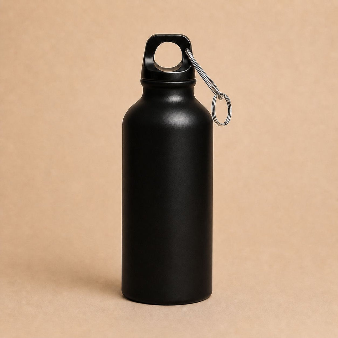 Sleek black hot and cold insulated water bottle with a convenient carrying loop